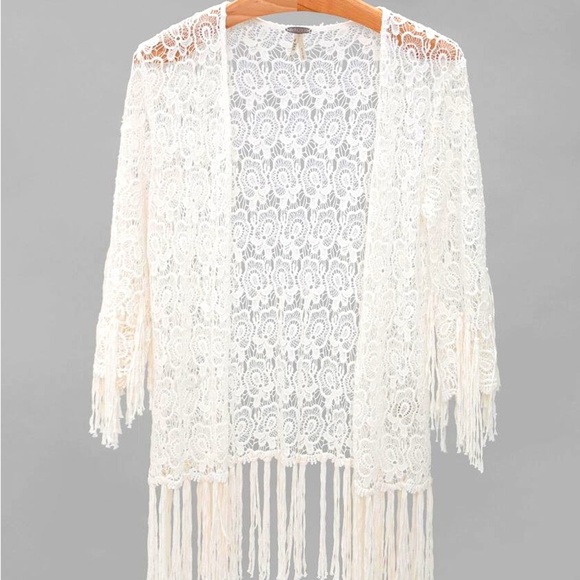 Gimmicks BKE long lace FRINGE kimono duster Large L - Picture 1 of 12